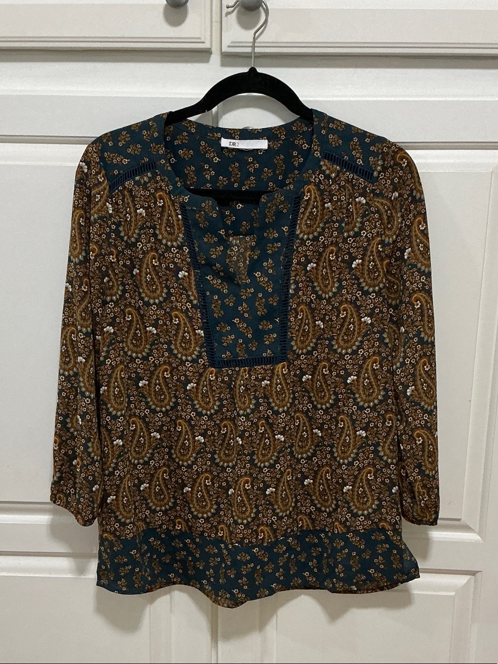 DR2 Dark Teal and Brown Paisley Peasant Blouse
